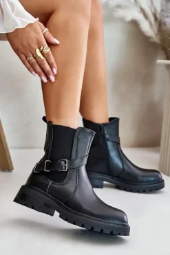 Skórzane Ocieplane Botki Sztyblety Z Paskiem Sergio Leone TR719-S Czarne