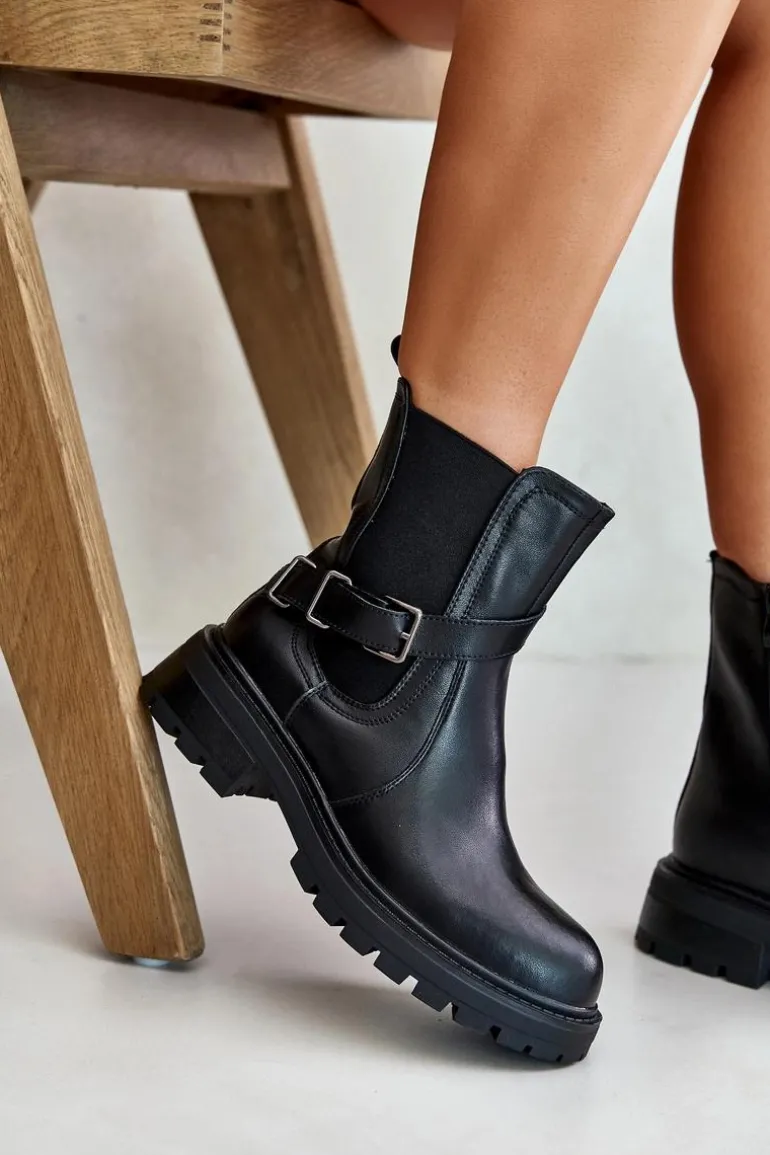 Skórzane Ocieplane Botki Sztyblety Z Paskiem Sergio Leone TR719-S Czarne