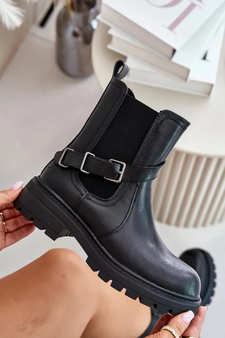 Skórzane Ocieplane Botki Sztyblety Z Paskiem Sergio Leone TR719-S Czarne