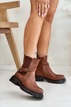 Skórzane Ocieplane Botki Sztyblety Z Paskiem Sergio Leone TR719-S Brązowe