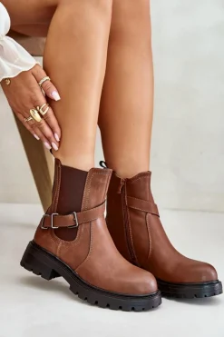 Skórzane Ocieplane Botki Sztyblety Z Paskiem Sergio Leone TR719-S Brązowe