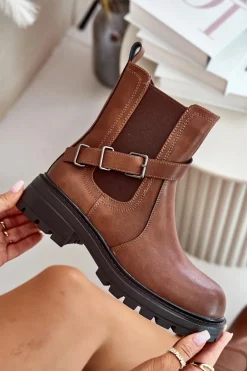 Skórzane Ocieplane Botki Sztyblety Z Paskiem Sergio Leone TR719-S Brązowe