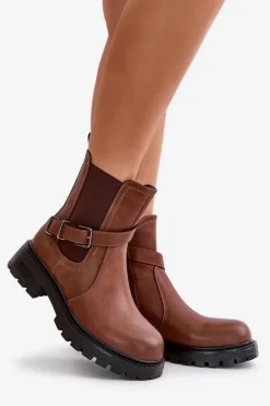 Skórzane Ocieplane Botki Sztyblety Z Paskiem Sergio Leone TR719-S Brązowe