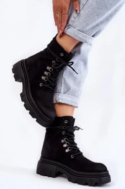 Skórzane Ocieplane Botki Sznurowane Czarne Merisha