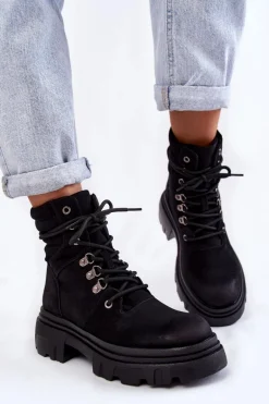 Skórzane Ocieplane Botki Sznurowane Czarne Merisha
