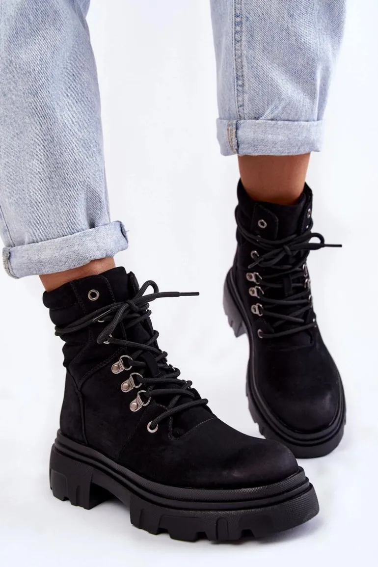 Skórzane Ocieplane Botki Sznurowane Czarne Merisha