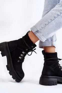 Skórzane Ocieplane Botki Sznurowane Czarne Merisha
