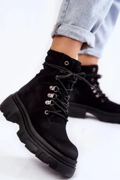 Skórzane Ocieplane Botki Sznurowane Czarne Merisha