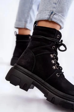 Skórzane Ocieplane Botki Sznurowane Czarne Merisha