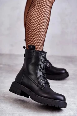 Skórzane Ocieplane Botki Sznurowane Czarne Ritta
