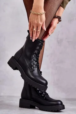 Skórzane Ocieplane Botki Sznurowane Czarne Ritta