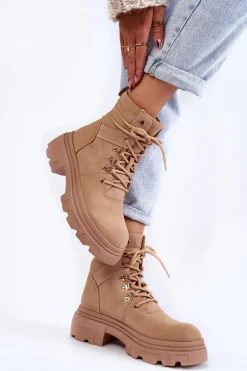 Skórzane Ocieplane Botki Sznurowane Beżowe Merisha