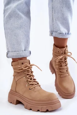Skórzane Ocieplane Botki Sznurowane Beżowe Merisha