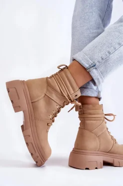 Skórzane Ocieplane Botki Sznurowane Beżowe Merisha