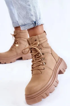 Skórzane Ocieplane Botki Sznurowane Beżowe Merisha