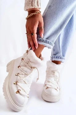 Skórzane Ocieplane Botki Trapery Białe Arisa