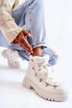 Skórzane Ocieplane Botki Trapery Białe Arisa