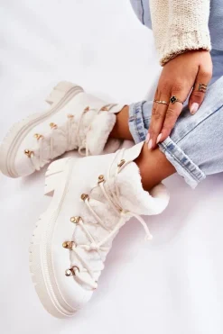 Skórzane Ocieplane Botki Trapery Białe Arisa