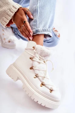 Skórzane Ocieplane Botki Trapery Białe Arisa