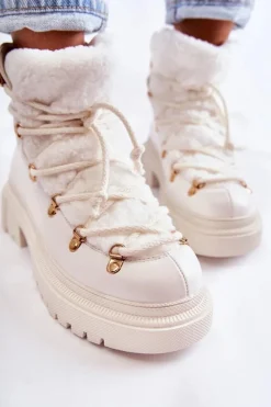 Skórzane Ocieplane Botki Trapery Białe Arisa