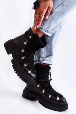 Skórzane Ocieplane Botki Trapery Czarne Arisa