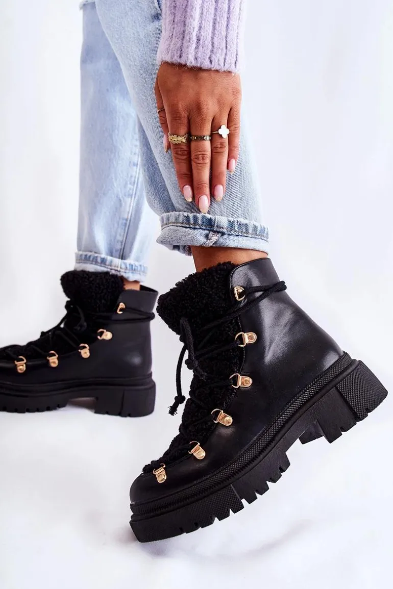 Skórzane Ocieplane Botki Trapery Czarne Arisa