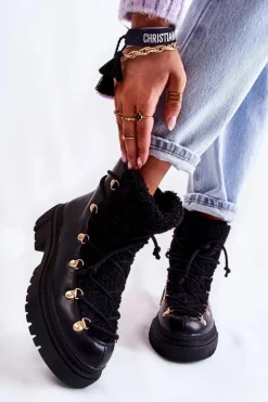 Skórzane Ocieplane Botki Trapery Czarne Arisa