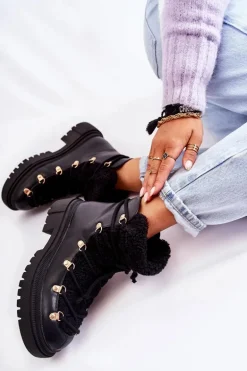 Skórzane Ocieplane Botki Trapery Czarne Arisa