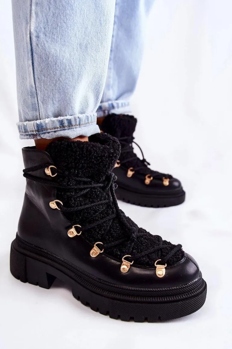 Skórzane Ocieplane Botki Trapery Czarne Arisa