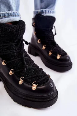 Skórzane Ocieplane Botki Trapery Czarne Arisa