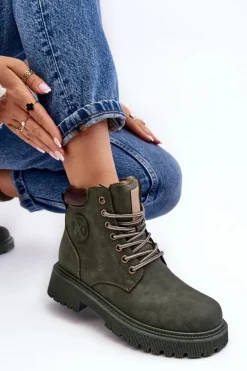 Skórzane Ocieplane Botki Trapery Ciemnozielone Felizia
