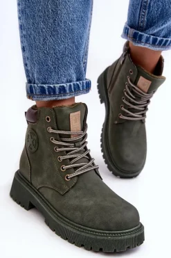 Skórzane Ocieplane Botki Trapery Ciemnozielone Felizia