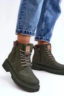 Skórzane Ocieplane Botki Trapery Ciemnozielone Felizia