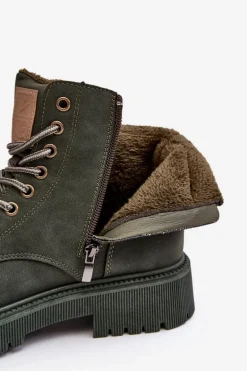 Skórzane Ocieplane Botki Trapery Ciemnozielone Felizia