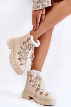 Skórzane Ocieplane Botki Trapery Jasnobeżowe Arisa