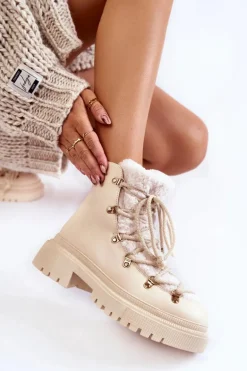 Skórzane Ocieplane Botki Trapery Jasnobeżowe Arisa