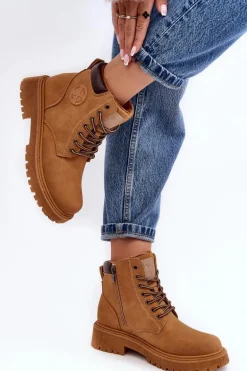 Skórzane Ocieplane Botki Trapery Camel Felizia