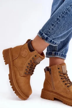 Skórzane Ocieplane Botki Trapery Camel Felizia