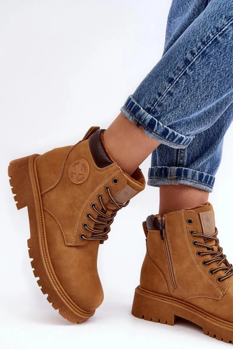 Skórzane Ocieplane Botki Trapery Camel Felizia