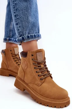Skórzane Ocieplane Botki Trapery Camel Felizia