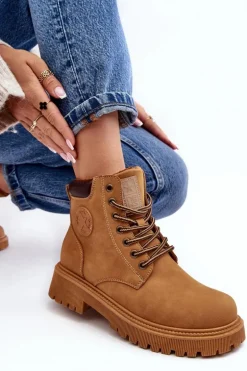 Skórzane Ocieplane Botki Trapery Camel Felizia