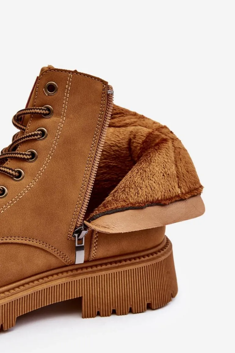 Skórzane Ocieplane Botki Trapery Camel Felizia