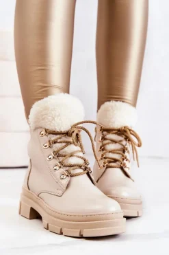 Skórzane Ocieplane Botki Trapery Beżowe Molissa