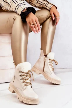 Skórzane Ocieplane Botki Trapery Beżowe Molissa