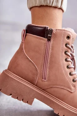 Skórzane Ocieplane Botki Trapery Różowe Felizia