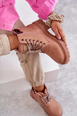 Skórzane Ocieplane Botki Trapery Różowe Felizia