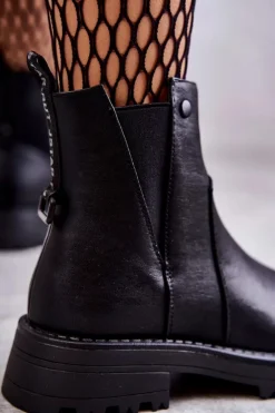 Skórzane Ocieplane Botki Workery Na Płaskim Obcasie Czarne Salome