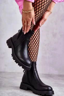 Skórzane Ocieplane Botki Workery Na Płaskim Obcasie Czarne Salome