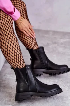 Skórzane Ocieplane Botki Workery Na Płaskim Obcasie Czarne Salome