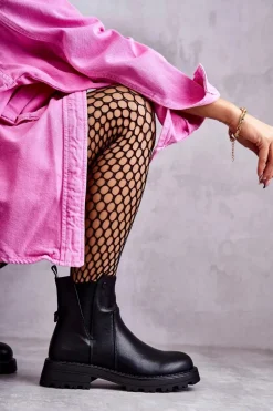 Skórzane Ocieplane Botki Workery Na Płaskim Obcasie Czarne Salome